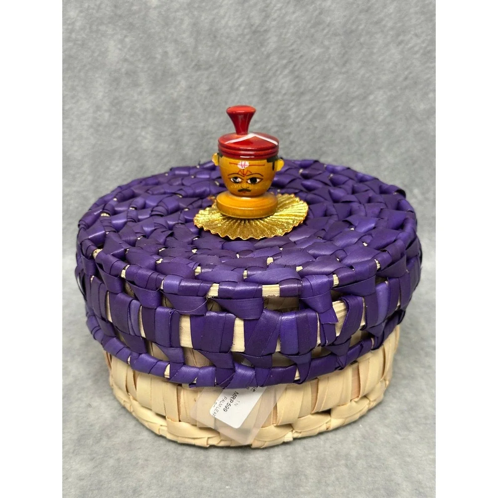 Palm Leaf Basket Purple Natural Woven Lidded Box with Figurine Finial Handcraft